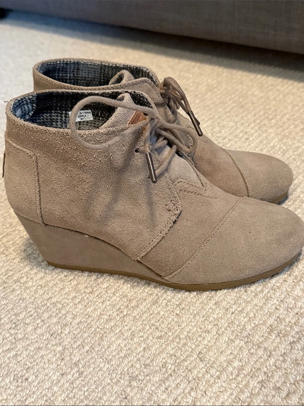 TOMS Taupe Suede Lace-Up Wedge Ankle Boots